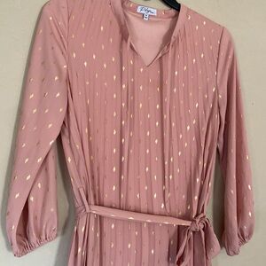 Polagram, medium, pink with gold detail, tie at the waist, pleated dress